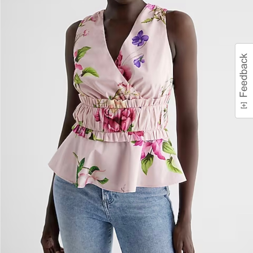 Express Floral V-Neck Ruffle Peplum Tank